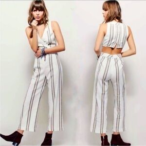 Free People striped linen and cotton blend open back jumpsuit, size 0, fits 6-8